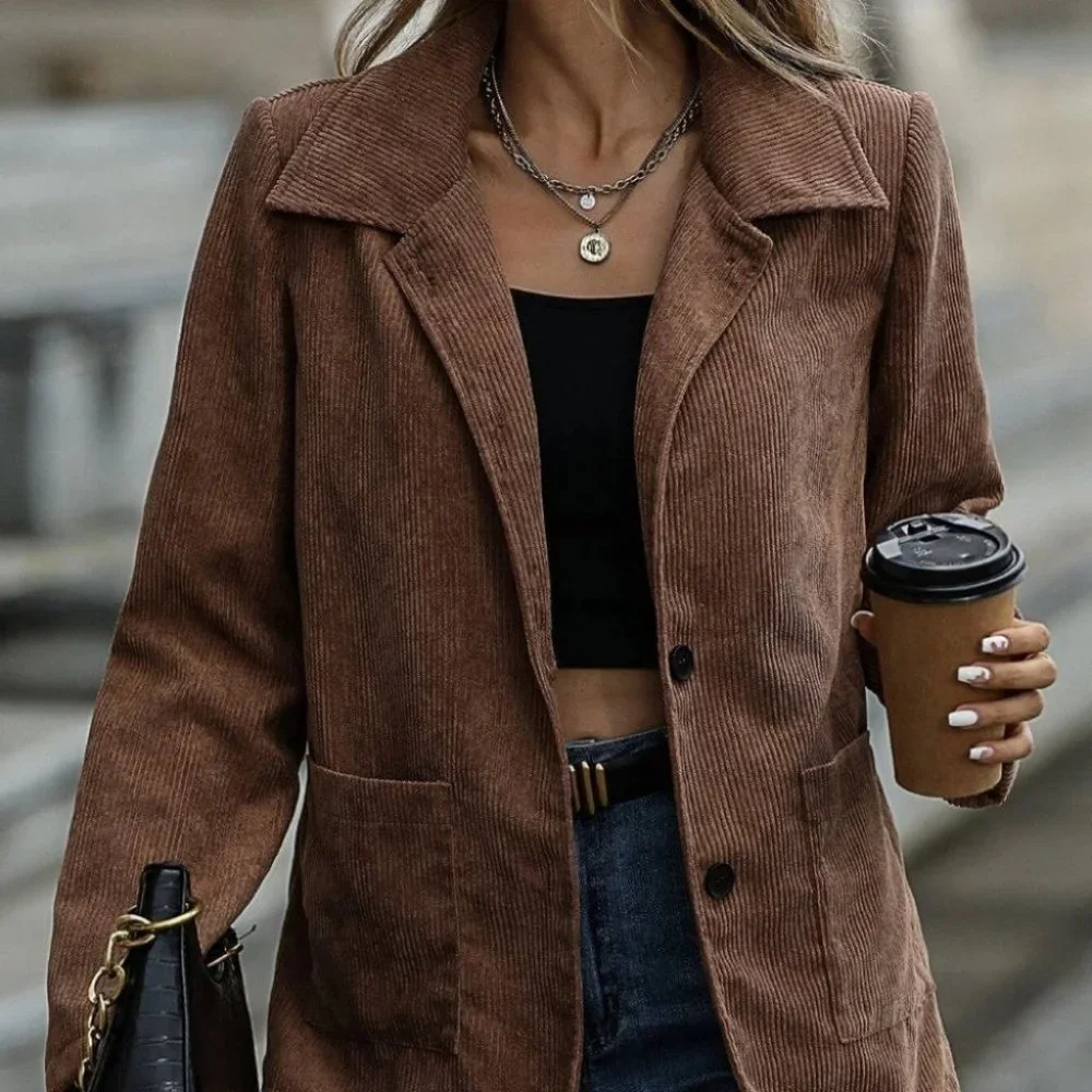 boho pactch pocket button front corduroy jacket coat casual streetwear brown - Picture 3 of 6